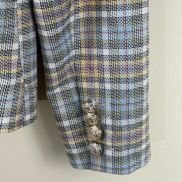 AUTRES FILLES blue/yellow Plaid unstructured gold hardware Blazer Jacket Size M - Picture 9 of 13